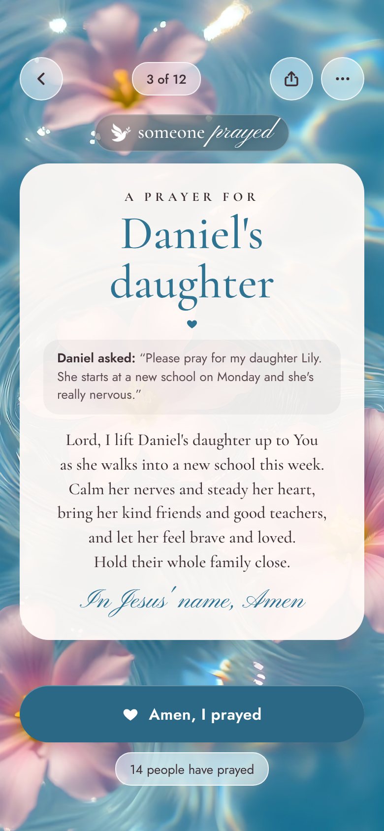 Praying for Daniel's daughter with a written prayer and an Amen button