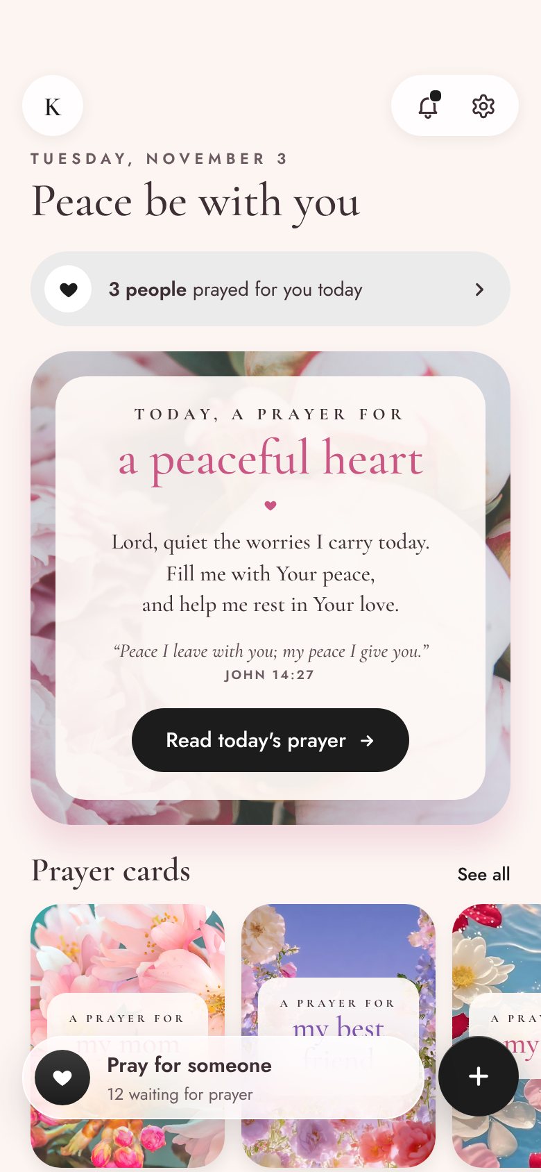 The Someone Prayed home screen with today's prayer